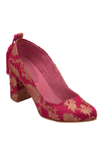 Trendy Pink Brocade Heels for Women – Block Heel Sandals